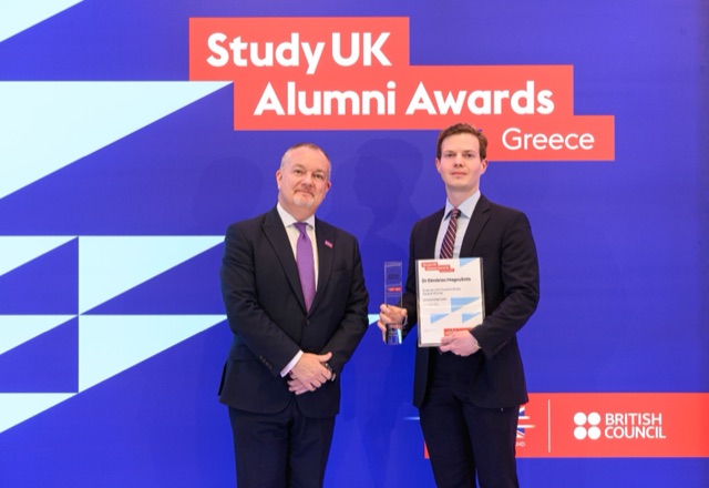Receiving the Study UK Alumni Award for Science and Sustainability in Greece.